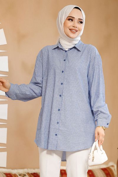 Neva Style Cămașă Hijab Albastră în dungi 52292m