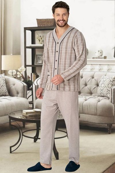 Mecit Pijama طقم بيجامة رجالي مقاس كبير بأزرار أمامية 100% قطن لموسم الخريف والشتاء