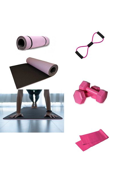 TrinkKapında A Quality Pilates Set - 8.5mm Double Sided Mat with Resistance String and 2 Pcs Dumbbell Resistance Bands