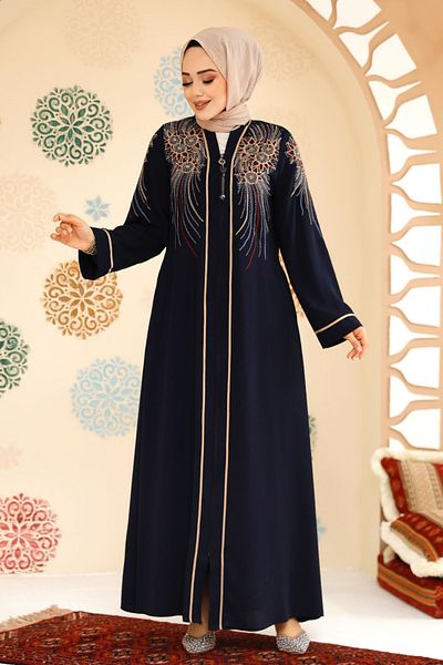 Neva Style Patterned Zippered Hijab Abaya 41565Dsn3