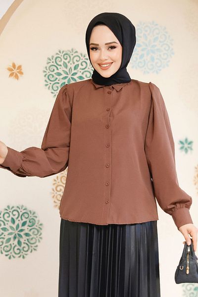 Neva Style قميص حجاب بني بأزرار 52284KH