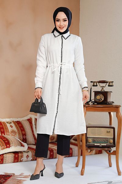Neva Style Tunica albă hijab cu nasturi 10177B