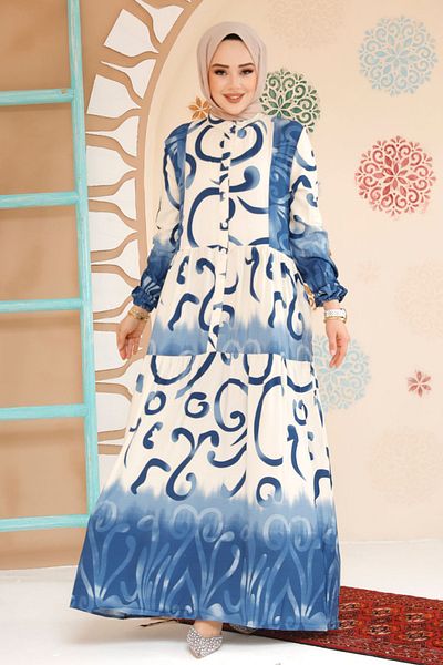 Neva Style Indigo Blue Print Hijab Dress - 10208Im