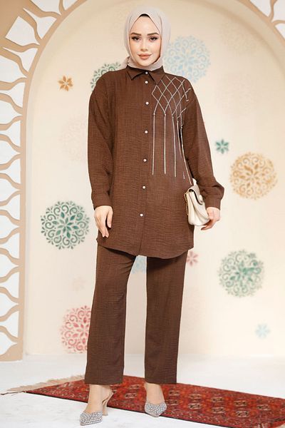 Neva Style طقم حجاب بني مزين بالخرز 28131KH