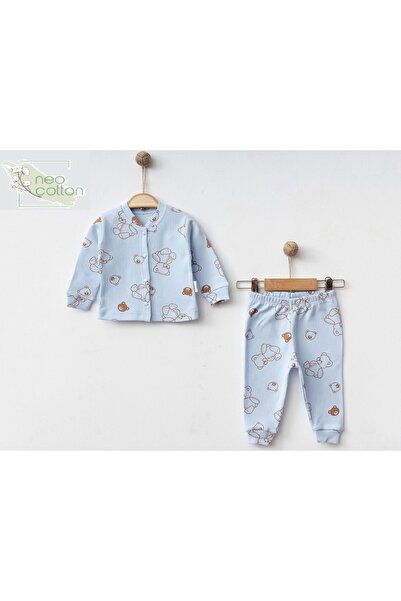 neocotton مجموعة بيجاما للأطفال من قطعتين من القطن مع زر أمامي وتصميم دب لطيف