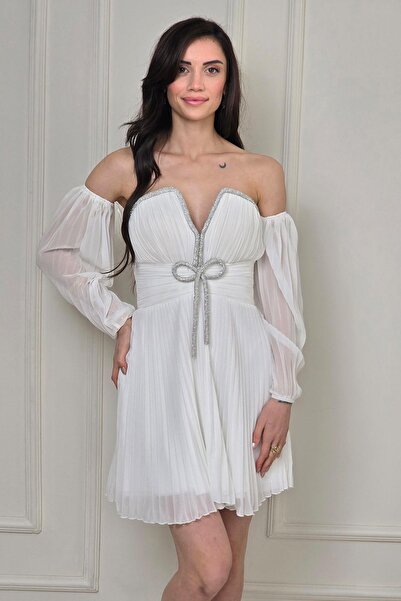 Yonca Moda Evi Ekru Taşlı Piliseli Mini Abiye 58387