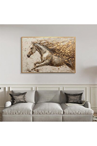 Tablosan Yağlı Boya Dokulu Tablo Koşan Modern Beyaz At Altın Çerçeveli U04016
