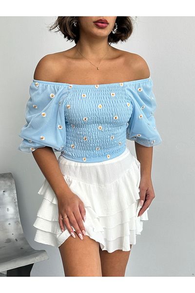 Miss Allos Bluză de damă cu imprimeu cu margarete, cu guler elastic și mâneci din tul