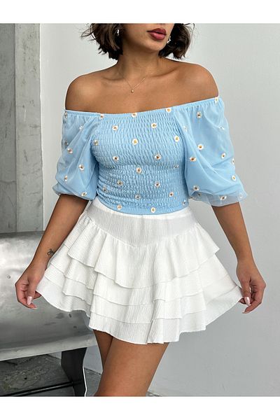 Miss Allos Bluză de damă cu imprimeu cu margarete, cu guler elastic și mâneci din tul
