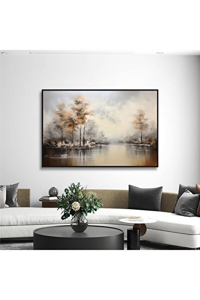 Tablosan Yağlı Boya Dokulu Tablo Sisli Sonbahar Manzarası Siyah Çerçeveli U06009