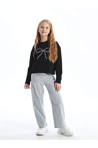 LC Waikiki Black Crew Neck Stone Girl's Sweatshirt