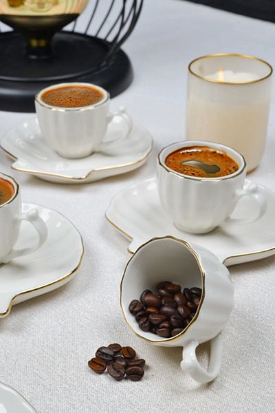 Tezyinat Wood - 12 Piece Porcelain Coffee Cup Set for 6 People with Sterilizer Pearl and Pearl (Gold Gold)