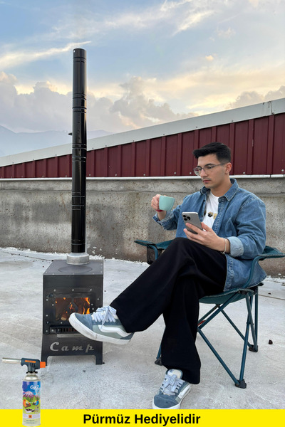 İKİZSOBA Kamp Sobası, Camlı Dekoratif Taşınabilir Soba, Katlanır Ayaklı (PÜRMÜZ HEDİYELİDİR)