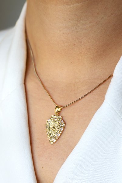 Brillo Zircon Stone Shield Steel Necklace