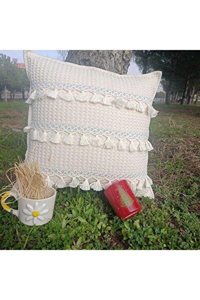 Demet Çeyiz Aksesuar Rüyalhome Tufted,Blue Stripe Pattern Seat Pillow Cover B...