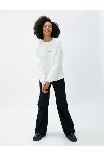 Koton Crew Neck Slogan Raster Sweatshirt - Long Sleeve and Ribbed