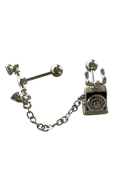 TAKIŞTIR Silver Color Telephone Figured Surgical Steel Tragus/Cartilage Earring/Piercing (Single)