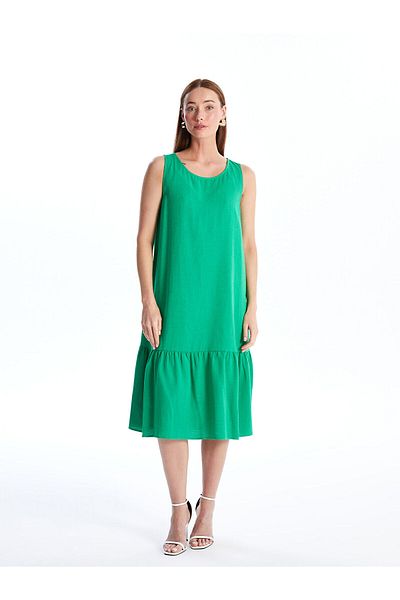 LC Waikiki Crew Neck Plain Linen Blended Women's Dress