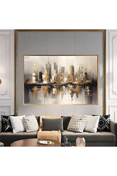 Tablosan Yağlı Boya Dokulu Tablo Soyut Şehir Manzarası Altın Çerçeveli U09010