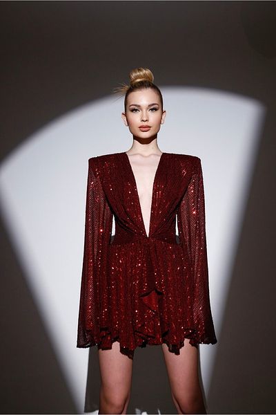 Gira official Burgundy Sequined Wide Sleeve Detail Dress