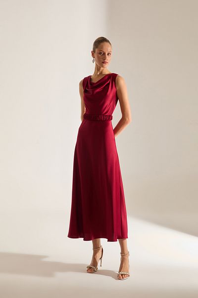 BETTY & SAM Marina Sleeveless Degaje Neckline Flared Hem Dark Red Engagement Dress