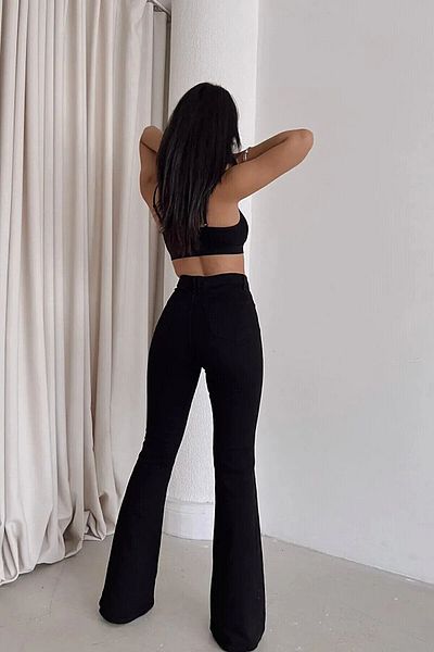 LİMABEL Milano Dodge Women's Jeans High Waist Stretchy Loose Spanish Leg Black Denim Pants 2025
