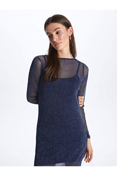 LC Waikiki Navy Blue Crew Neck Shiny Long Sleeve Dress