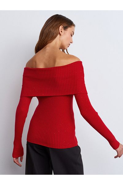 Dilvin 10705 Pulover din tricot cu nervuri cu guler Bardot-Roșu