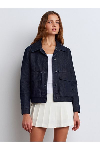 Dilvin 65361 Rins Wash Pocket Bellows Denim Coat-Navy Blue
