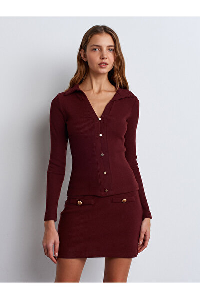 Dilvin 31436 Λεπτομερές μπλουζάκι με γιακά πόλο και κουμπιά - Μπορντό