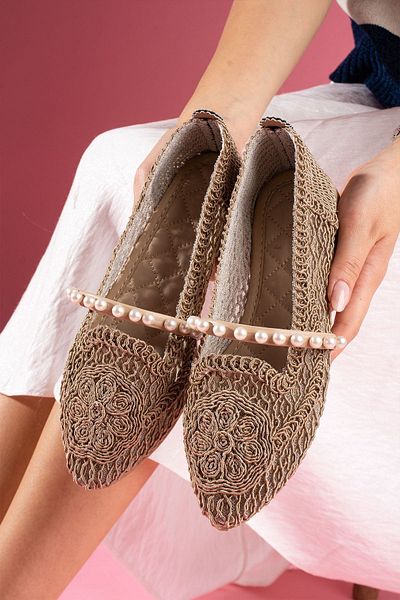 FUGA MODA Balerini Barta Mink Oval Brodat cu centura de perle