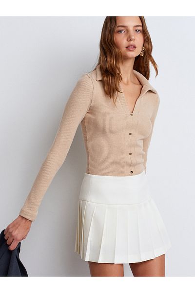 Dilvin 31436 Guler Polo Detaliu cu nasturi Top-Bej
