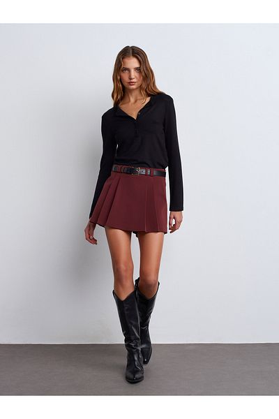 Dilvin 81055 Burgundy Belted Double Mini Shorts Skirt