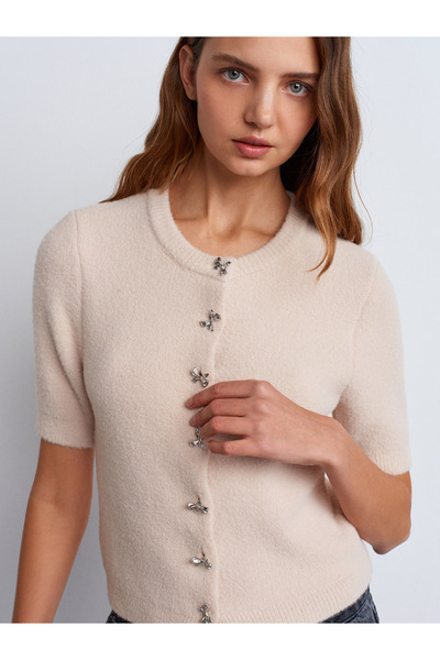 Dilvin 60284 Crew Neck Beige Knitwear Cardigan - Απαλή υφή και κουμπιά