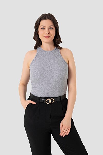Arma Yıldız Women's Cotton Ribbed Look Halter Neck Basic Gray Undershirt