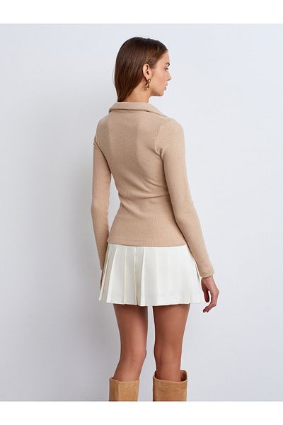 Dilvin 31436 Guler Polo Detaliu cu nasturi Top-Bej
