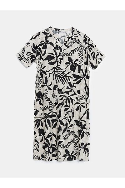 LC Waikiki Γυναικείο φόρεμα LCW Grace Ecru με λαιμόκοψη Floral λινό ανάμεικτο