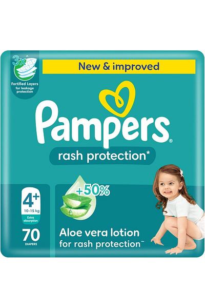 Pampers Rash Protection Taped Diapers, Size 4+, 10-15kg, Giant Pack, 70 Count