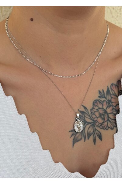 takıtarzım 2'li kombin silver  kalp figürlü minimal kolye