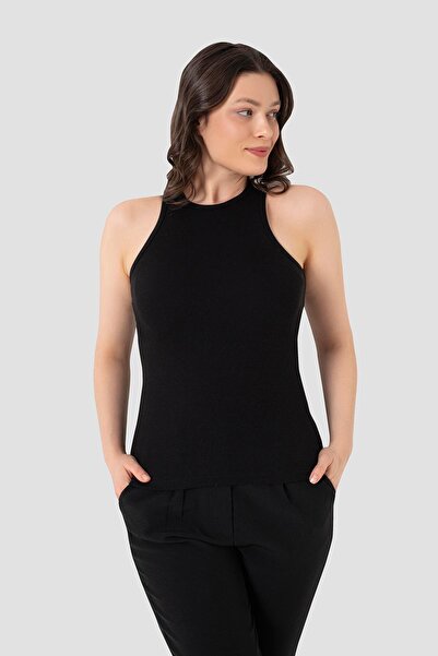 Arma Yıldız Women's Cotton Ribbed Look Halter Neck Basic Black - White Undershirt 2 Pack