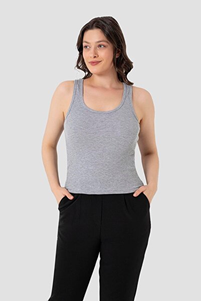 Arma Yıldız Women's Ribbed Look Thick Straps Basic Gray Tank Top 2 Pack