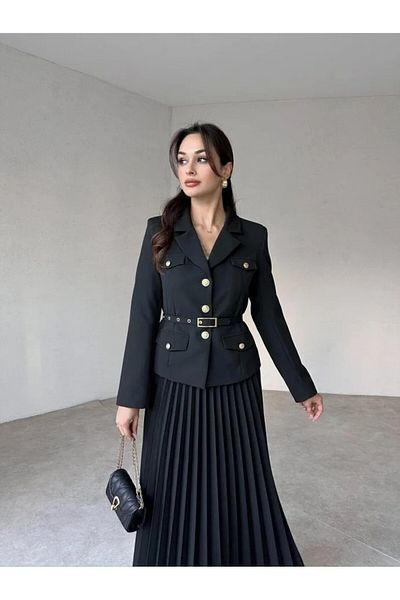 buqre's moda Premium Pleated Gold Buttoned Belted Jacket Skirt Set