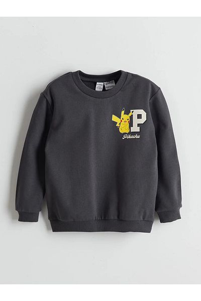 LC Waikiki Детски суитшърт с щампа Пикачу и кръгло деколте LCW Kids Anthracite