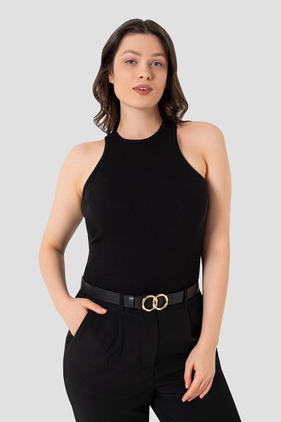Arma Yıldız Women's Cotton Ribbed Look Halter Neck Basic Black Undershirt