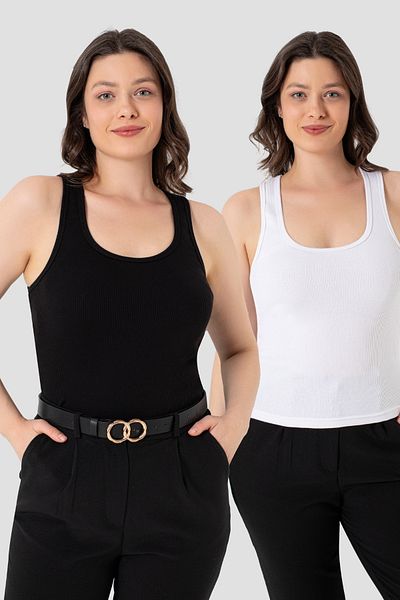Arma Yıldız Women's Ribbed Look Thick Strap Basic Black White Undershirt 2 Pack