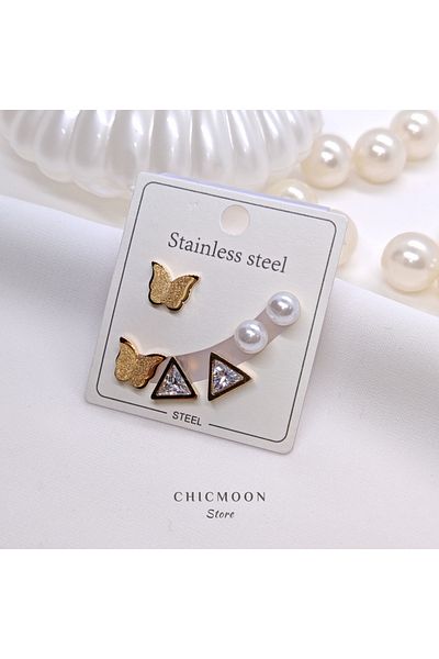 CHICMOON STORE Steel Butterfly Multiple Earrings with Pearls