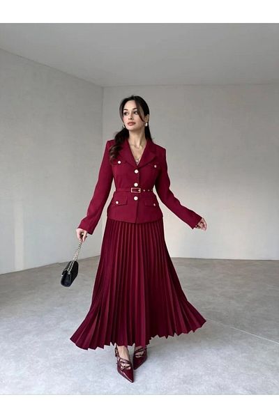 buqre's moda Premium Pleated Gold Buttoned Belted Jacket Skirt Set
