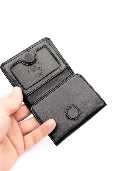 willpolo Мъжки портфейл от естествена телешка кожа, сгънат, магнитен, естествено черен, дамски портфейл