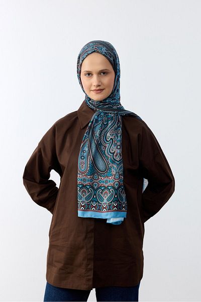 MİRSOY SCARF Şal cu model etnic albastru deschis - model Mina