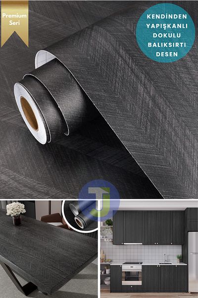 Technojet Self Adhesive Textured Herringbone Pattern Premium Kitchen Wall Cabinet Covering 60Cmx100Cm